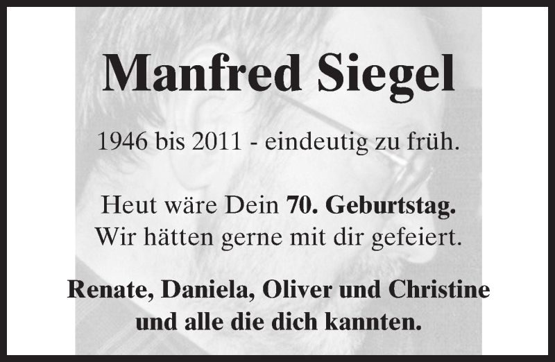  Traueranzeige für Manfred Siegel vom 07.10.2016 aus Trauerportal Rhein Main Presse