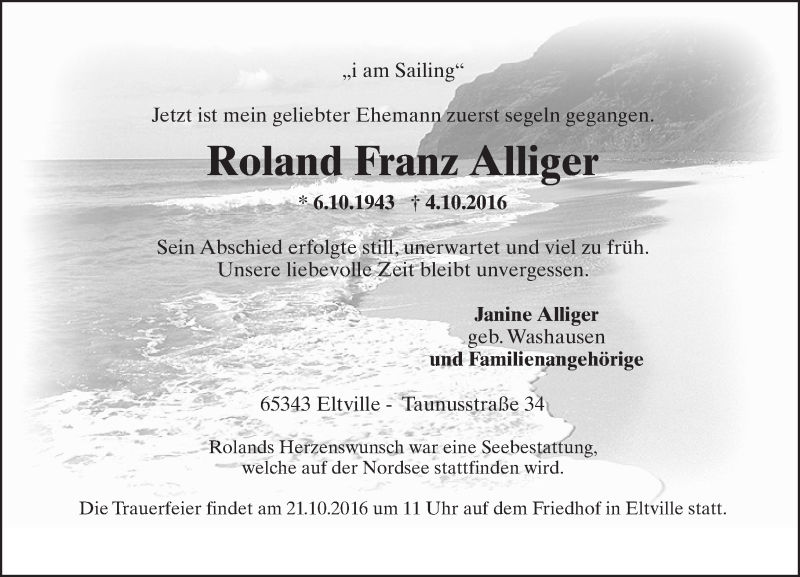  Traueranzeige für Roland Franz Alliger vom 15.10.2016 aus Trauerportal Rhein Main Presse