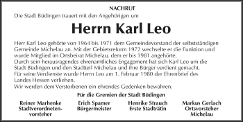 Traueranzeige von Karl Leo von  Kreisanzeiger