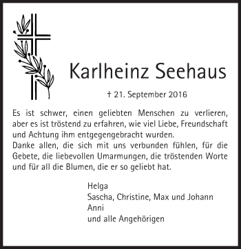 Traueranzeige von Karlheinz Seehaus von Trauerportal Echo Online