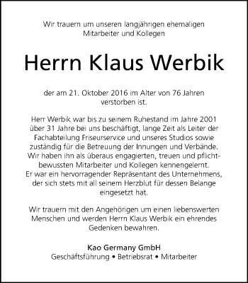 Traueranzeige von Klaus Werbik von Trauerportal Echo Online