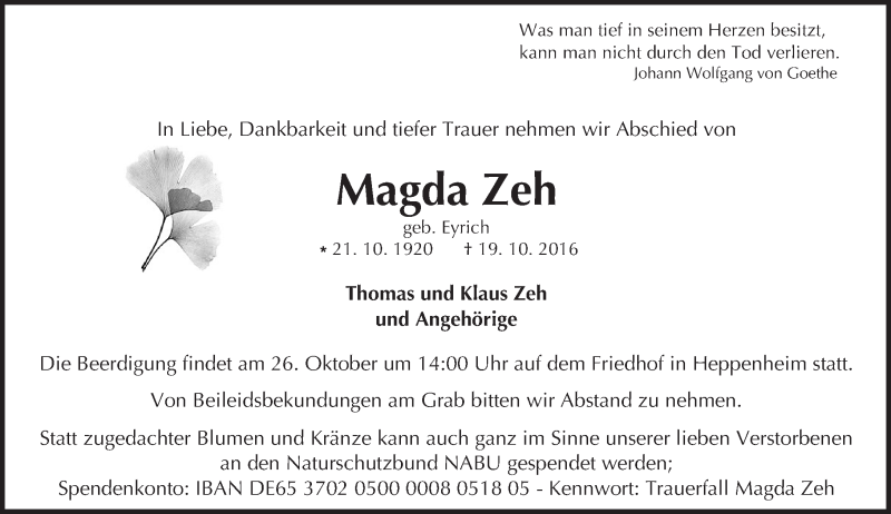  Traueranzeige für Magda Zeh vom 22.10.2016 aus Trauerportal Echo Online