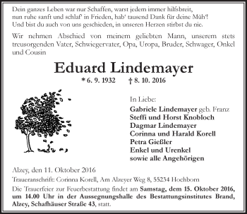 Traueranzeige von Eduard Lindemayer von Trauerportal Rhein Main Presse