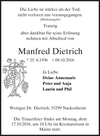 Traueranzeige von Manfred Dietrich von Trauerportal Rhein Main Presse
