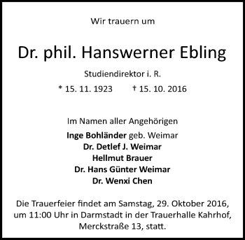 Traueranzeige von Hanswerner Ebling von Trauerportal Echo Online