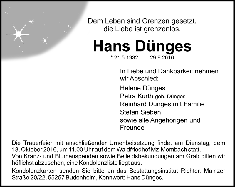  Traueranzeige für Hans Dünges vom 08.10.2016 aus Trauerportal Rhein Main Presse