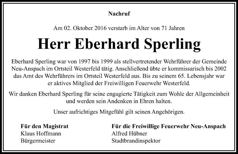  Traueranzeige für Eberhard Sperling vom 12.10.2016 aus  Usinger Anzeiger