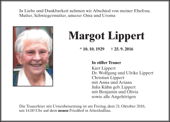 Traueranzeige von Margot Lippert von  Gelnhäuser Tageblatt