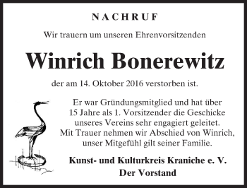Traueranzeige von Winrich Bonerewitz von  Kreisanzeiger