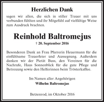 Traueranzeige von Reinhold Baltromejus von  Kreisanzeiger