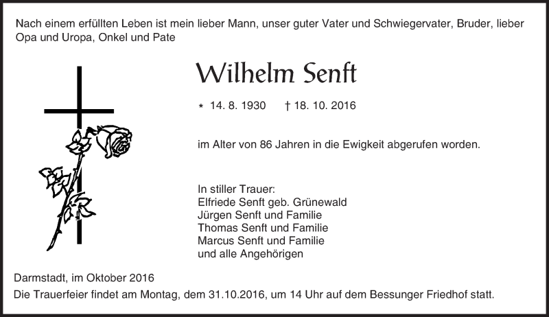 Traueranzeige für Wilhelm Senft vom 29.10.2016 aus Trauerportal Echo Online