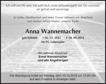 Traueranzeige von Anna Wannemacher von Trauerportal Echo Online