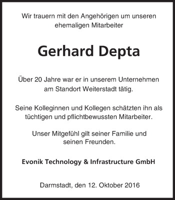 Traueranzeige von Gerhard Depta von Trauerportal Echo Online