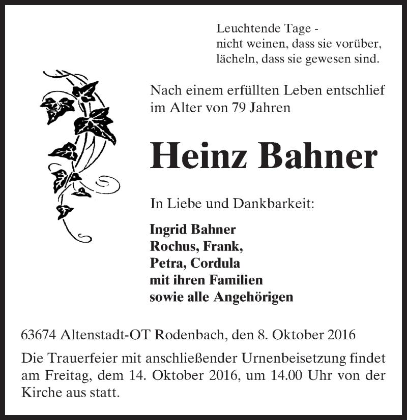  Traueranzeige für Heinz Bahner vom 08.10.2016 aus  Kreisanzeiger