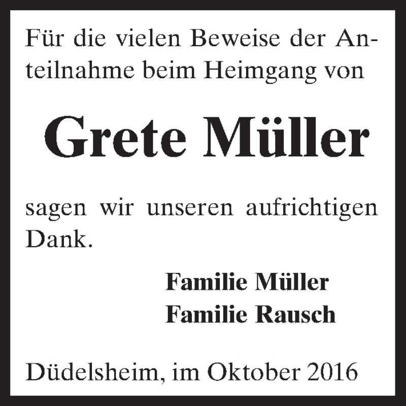  Traueranzeige für Grete Müller vom 29.10.2016 aus  Kreisanzeiger