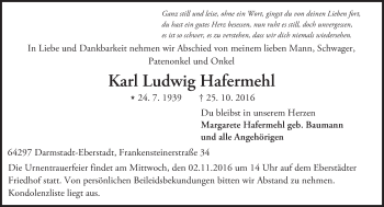 Traueranzeige von Karl Ludwig Hafermehl von Trauerportal Echo Online