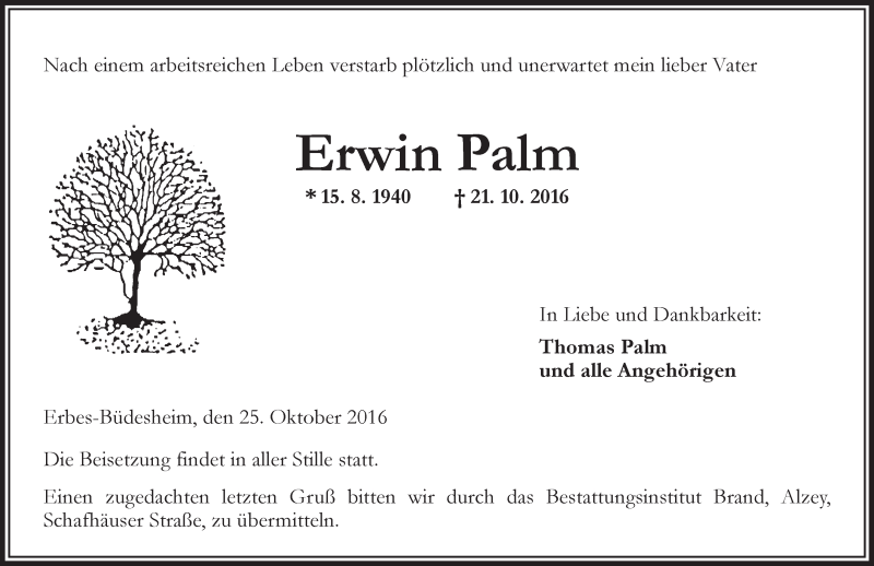  Traueranzeige für Erwin Palm vom 25.10.2016 aus Trauerportal Rhein Main Presse