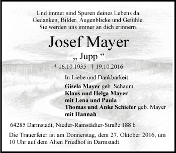Traueranzeige von Josef Mayer von Trauerportal Echo Online