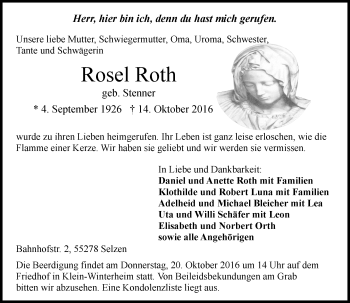 Traueranzeige von Rosel Roth von  Allgemeine Zeitung Mainz