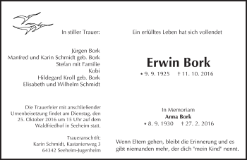Traueranzeige von Erwin Bork von Trauerportal Echo Online