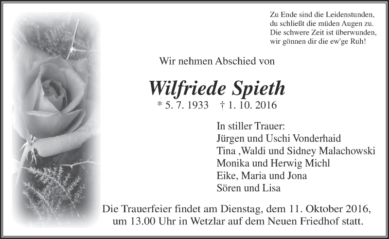  Traueranzeige für Wilfriede Spieth vom 08.10.2016 aus  Gießener Anzeiger