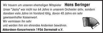 Traueranzeige von Hans Beringer von Trauerportal Echo Online