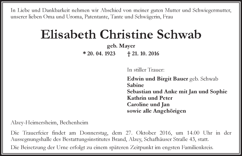  Traueranzeige für Elisabeth Christine Schwab vom 25.10.2016 aus Trauerportal Rhein Main Presse