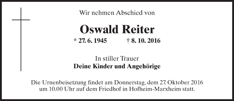  Traueranzeige für Oswald Reiter vom 21.10.2016 aus Trauerportal Rhein Main Presse
