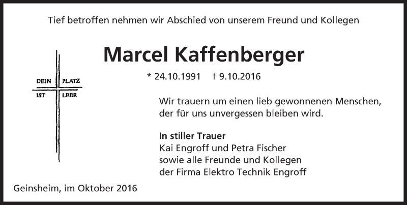 Traueranzeige für Marcel Kaffenberger vom 20.10.2016 aus Trauerportal Echo Online