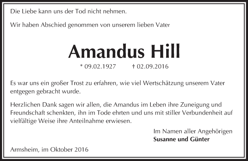  Traueranzeige für Amandus Hill vom 22.10.2016 aus Trauerportal Rhein Main Presse