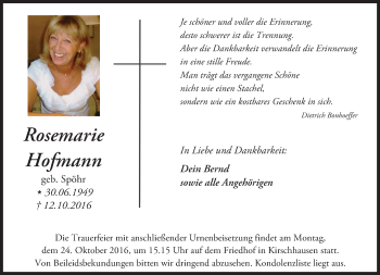 Traueranzeige von Rosemarie Hofmann von Trauerportal Echo Online