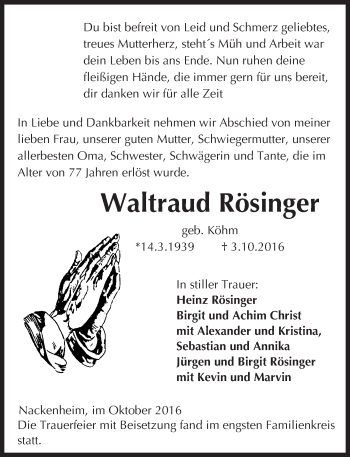 Traueranzeige von Waltraud Rösinger von Trauerportal Rhein Main Presse