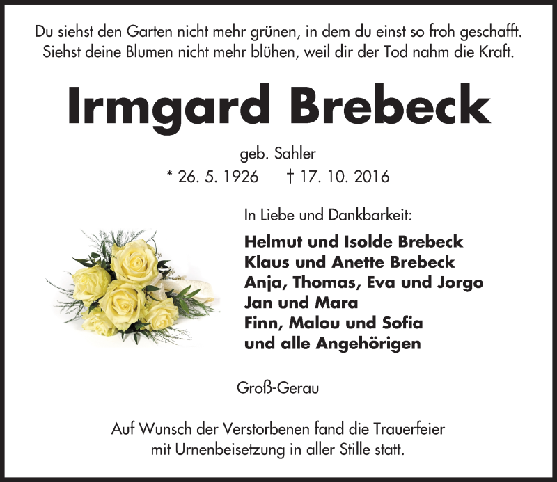  Traueranzeige für Irmgard Brebeck vom 29.10.2016 aus Trauerportal Echo Online