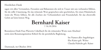 Traueranzeige von Bernhard Kaiser von Trauerportal Echo Online