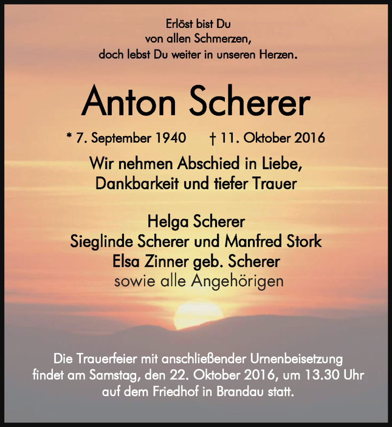  Traueranzeige für Anton Scherer vom 19.10.2016 aus Trauerportal Echo Online