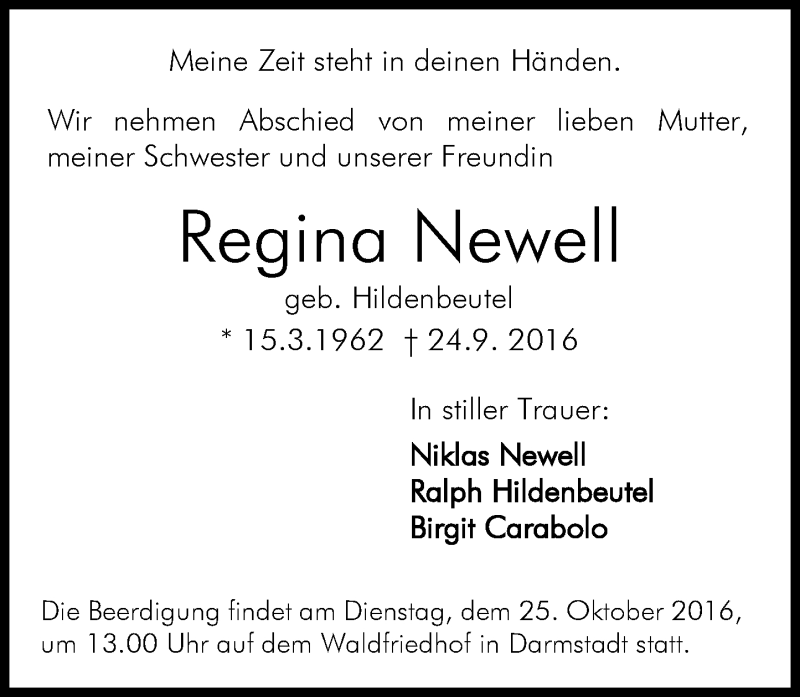  Traueranzeige für Regina Newell vom 15.10.2016 aus Trauerportal Echo Online