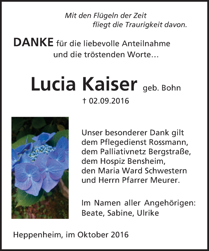  Traueranzeige für Lucia Kaiser vom 08.10.2016 aus Trauerportal Echo Online