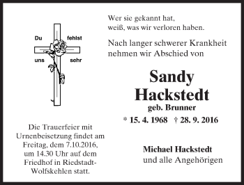 Traueranzeige von Sandy Hackstedt von Trauerportal Echo Online