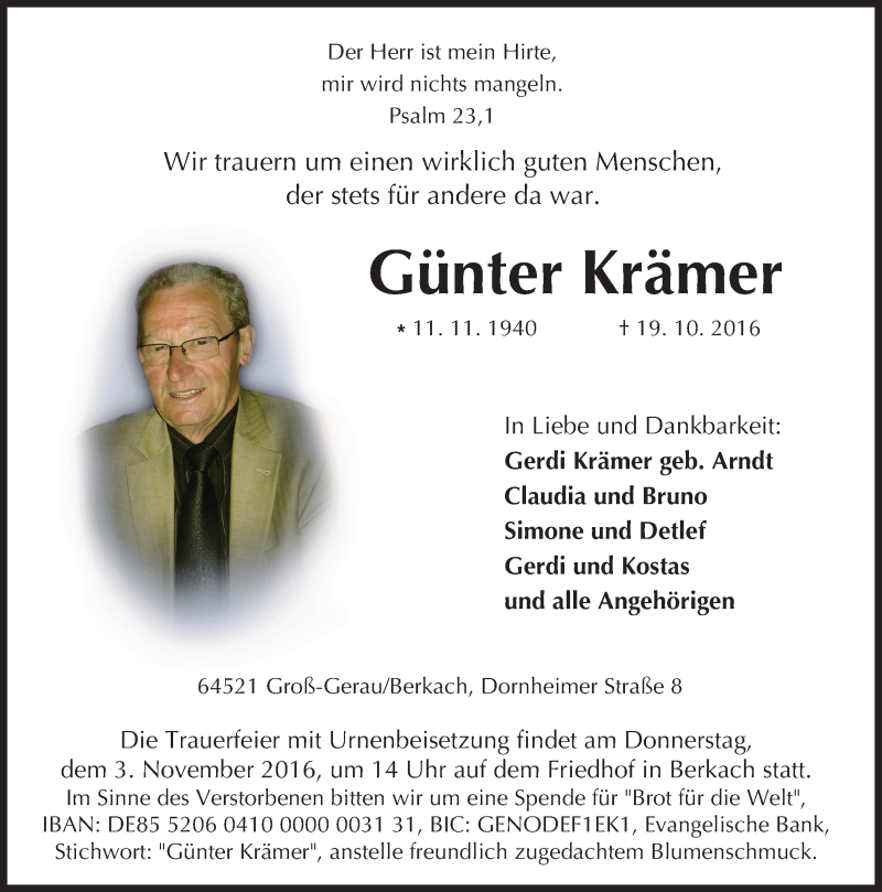  Traueranzeige für Günter Krämer vom 29.10.2016 aus Trauerportal Echo Online