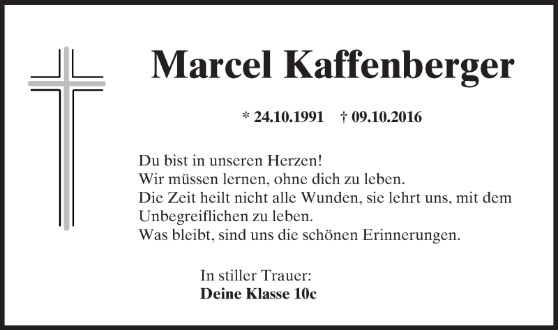  Traueranzeige für Marcel Kaffenberger vom 20.10.2016 aus Trauerportal Echo Online