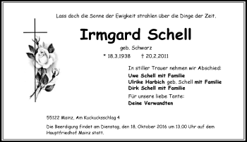 Traueranzeige von Irmgard Schell von Trauerportal Rhein Main Presse