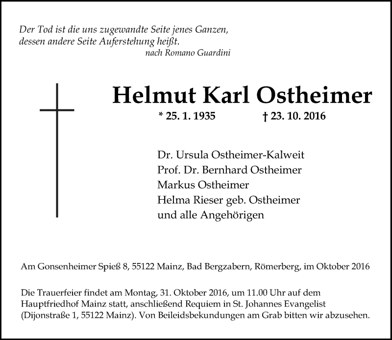  Traueranzeige für Helmut Karl Ostheimer vom 28.10.2016 aus Trauerportal Rhein Main Presse