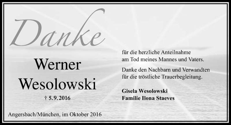  Traueranzeige für Werner Wesolowski vom 05.10.2016 aus VRM Trauer