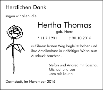 Traueranzeige von Hertha Thomas von Trauerportal Echo Online