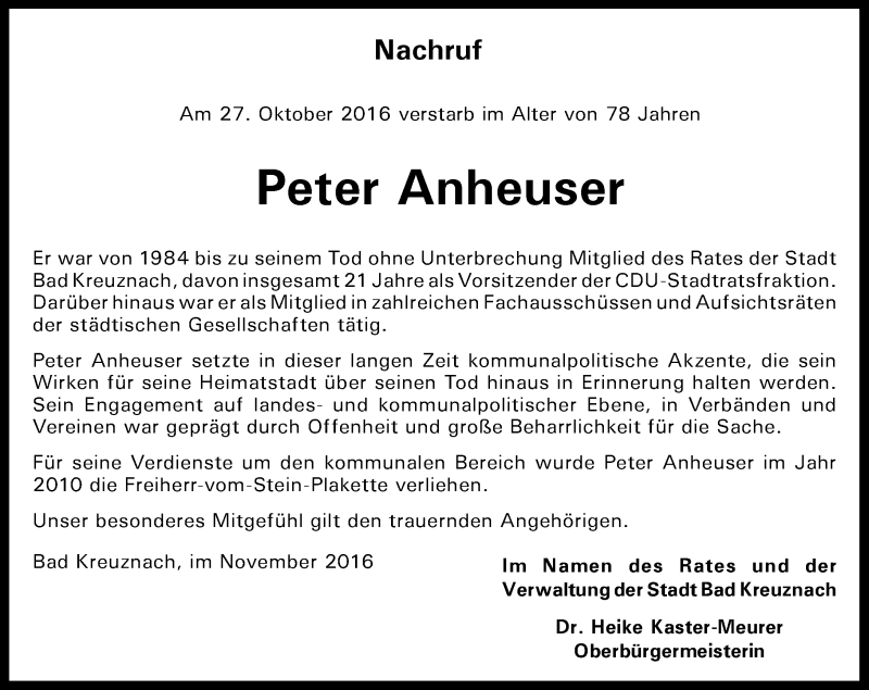  Traueranzeige für Peter Anheuser vom 05.11.2016 aus Trauerportal Rhein Main Presse