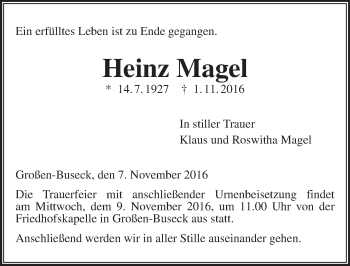 Traueranzeige von Heinz Magel von  Gießener Anzeiger