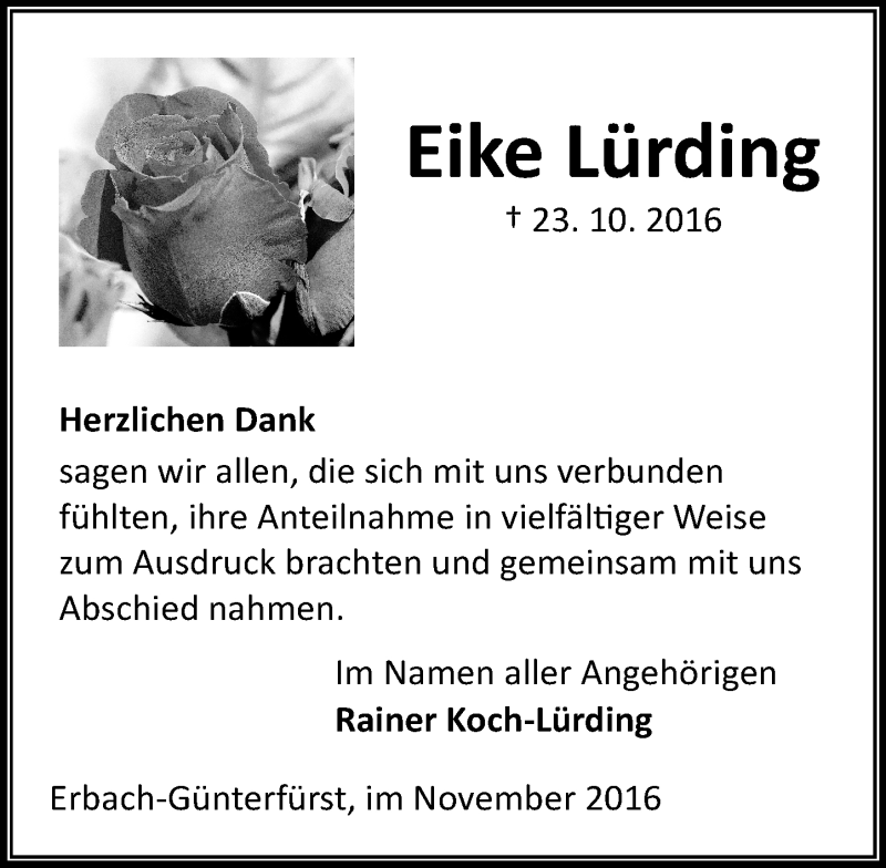  Traueranzeige für Eike Lürding vom 19.11.2016 aus Trauerportal Echo Online