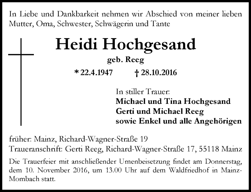  Traueranzeige für Heidemarie Hochgesand vom 05.11.2016 aus Trauerportal Rhein Main Presse