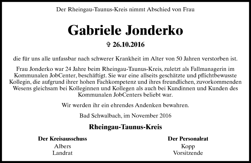  Traueranzeige für Gabriele Jonderko vom 03.11.2016 aus Trauerportal Rhein Main Presse