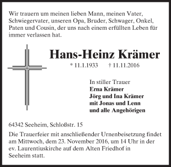 Traueranzeige von Hans-Heinz Krämer von Trauerportal Echo Online